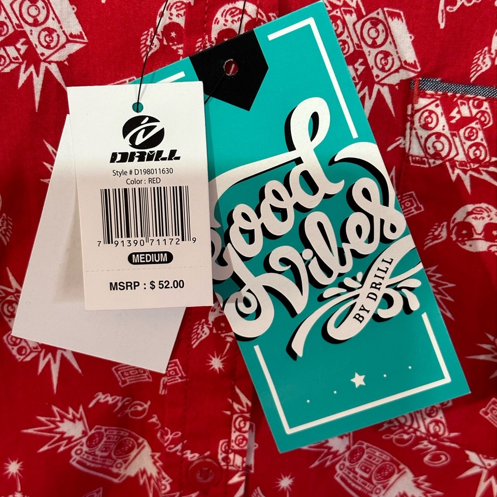 Good Vibes by Drill, Slim Fit Shirt Short Sleeve Button Up Red Cotton. - Picture 6 of 11